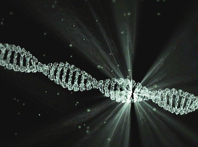 Representação gráfica de uma cadeia de DNA do vírus causador da Covid-19 sendo analisado para que possa ser realizado um exame diagnóstico com base nos dados obtidos.